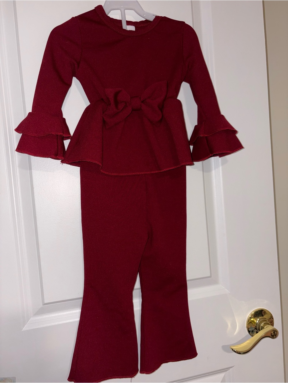 SHEIN Burgundy Knit Bow Peplum Top & Flared Pants Kids Matching Set